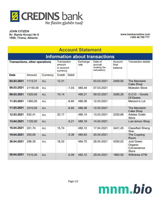 Szablon wyciągu bankowego Albania Credins w formacie Excel i PDF